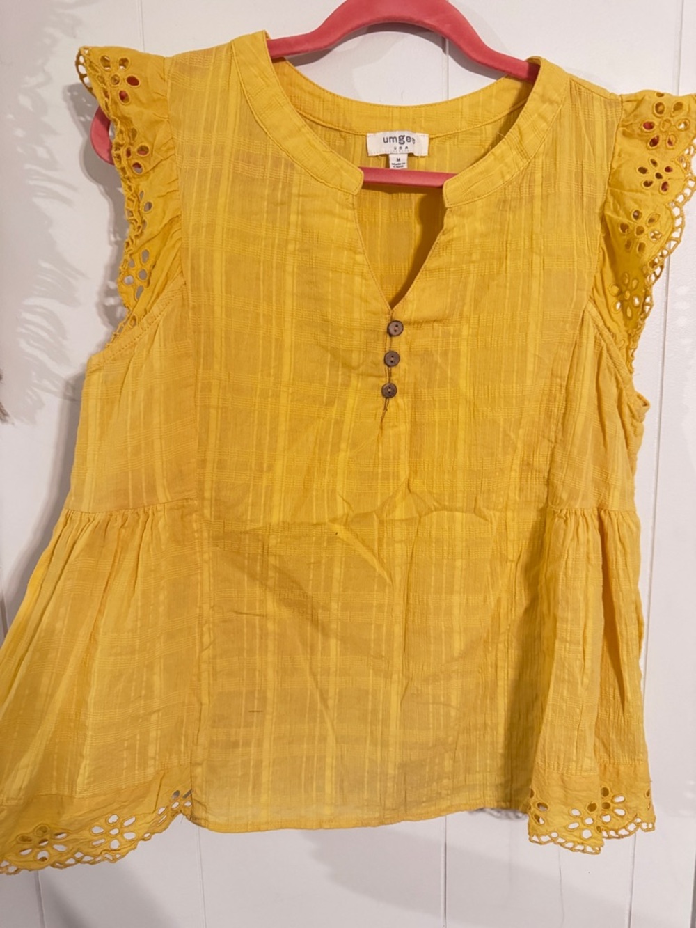 Umgee Bright Mustard Yellow Eyelet Sleeve Peasant Top